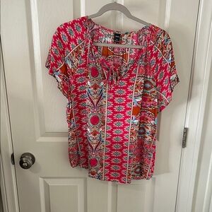 Ranlege Women’s Vibrant Pink Patterned Blouse With Tie Front, Size 1XL